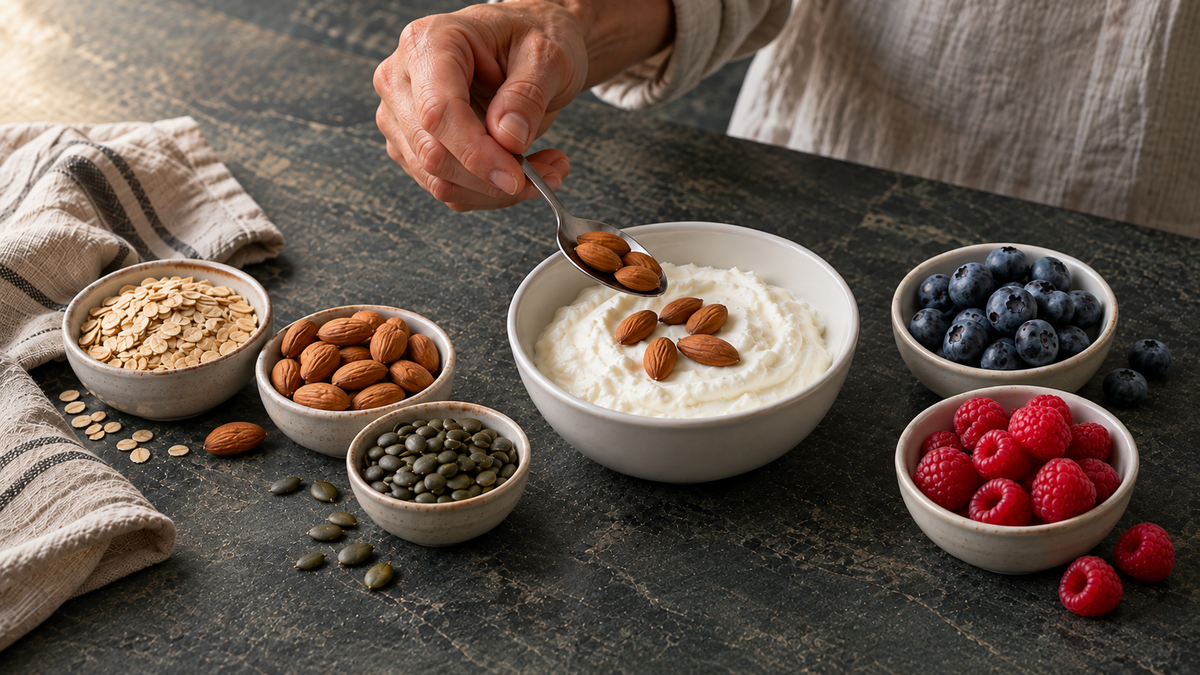 Eine Hand gibt Mandeln auf eine Schale Magerquark, daneben Haferflocken, Mandeln, Kürbiskerne, Heidelbeeren und Himbeeren auf dunklem Stein