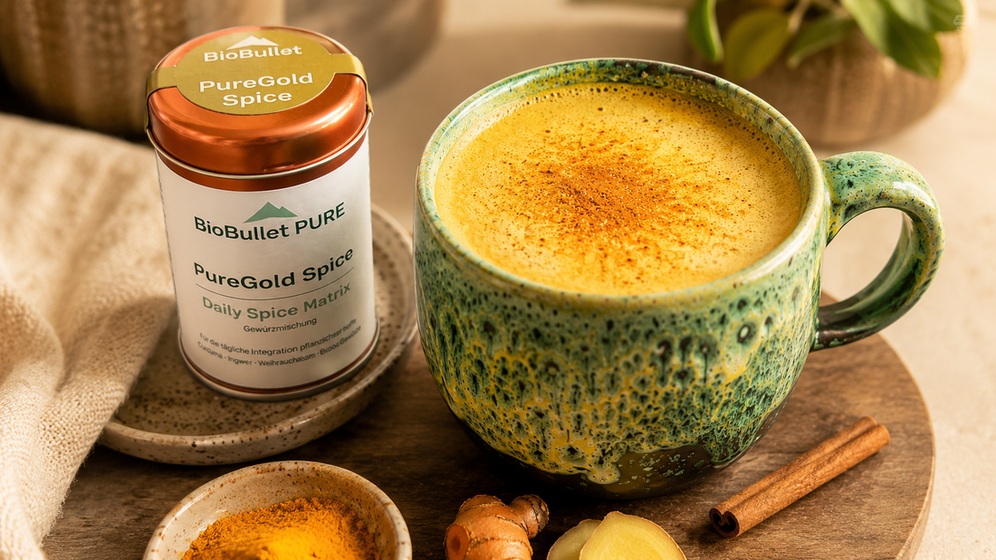 Goldene Milch mit PureGold Spice Gewürzmischung, Kurkuma, Ingwer und Zimt
