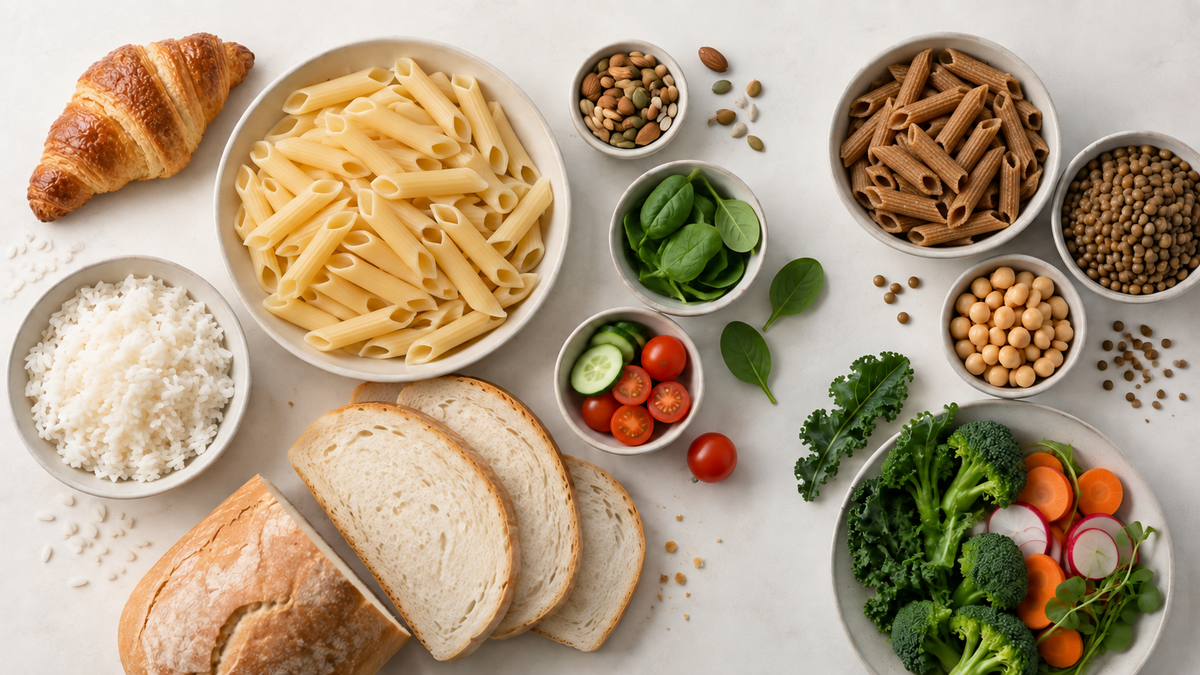 Geordnete Lebensmittelkomposition aus hellen Getreideprodukten, Vollkorn, Hülsenfrüchten, Gemüse und kleinen Ergänzungen.