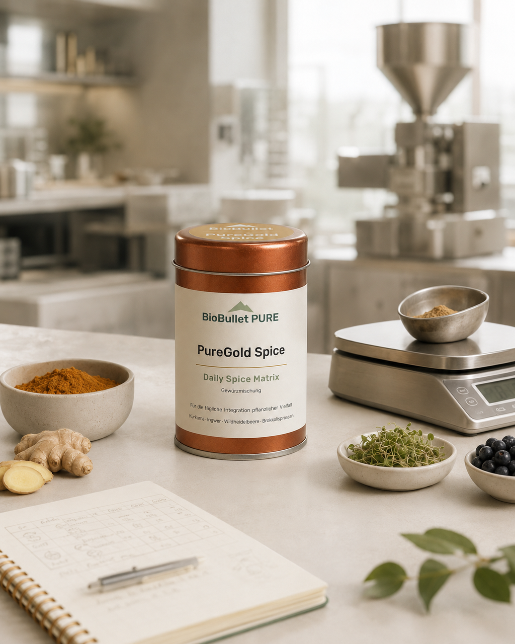 PureGold Spice Dose mit einzelnen Inhaltsstoffen in der Produktionsumgebung