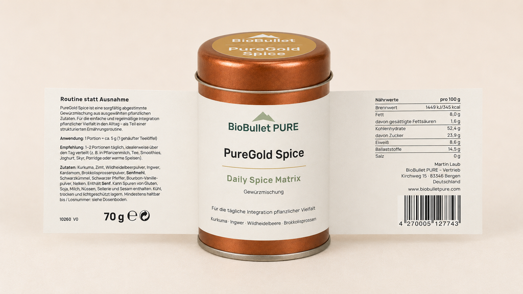 PureGold Spice Gewürzmischung mit kompletten Etikett inkl. aller Angaben