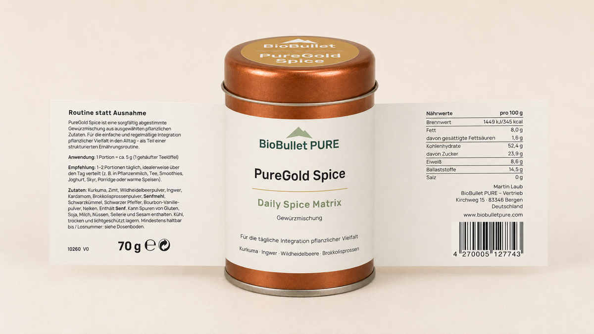 PureGold Spice Gewürzmischung mit kompletten Etikett inkl. aller Angaben