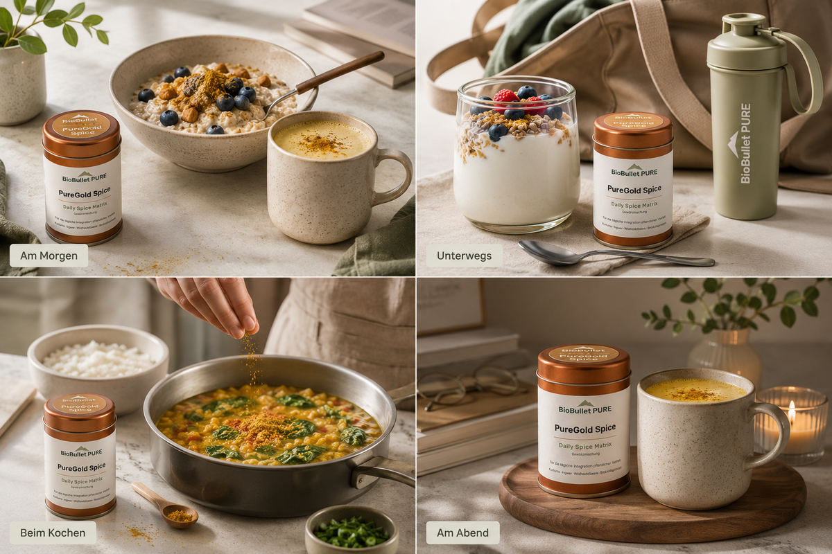 Vier Varianten zur Verwendung von PureGold Spice - am Morgen, unterwegs, beim Kochen und am Abend