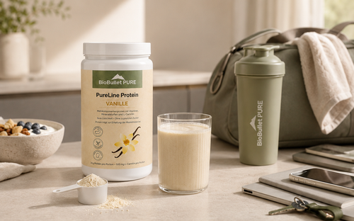 PureLine Protein im Alltag: Dose, Shaker, Bowl