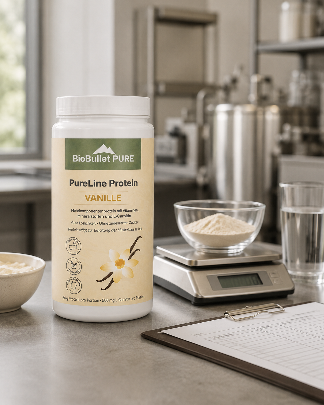 PureLine Protein Vanille Dose in der Produktionsumgebung in Deutschland